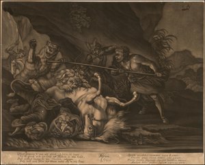 Ca. 1770 allegorisk mezzotint av Afrika av Johann Elias Ridinger