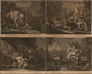 Ca. 1770 allegoriska mezzotintor av Afrika, Asien, Amerika och Europa på en sida av Johann Elias Ridinger