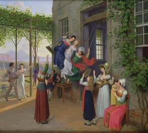 Ungdomar som leker på en gunga i en trädgård nära Neapel, 1823 av Johann Erdmann Hummel