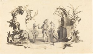 Cartouche Moderne med ett ungt par som serveras vin av Johann Esaias Nilson