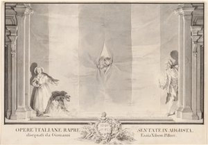 Två skådespelare kikar genom en teatergardin medan andra förbereder fotljuset av Johann Esaias Nilson
