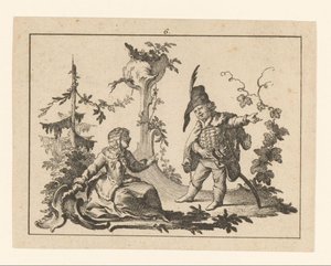 Sittande kvinna med en stående man med en pipa bredvid sig på en rokokostrydnad Smokers on rokoco ornament (serietitel)