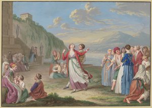 Italienska lantbor roar sig med lek och dans vid sjöstranden, med höga berg i bakgrunden av Johann Friedrich August Tischbein