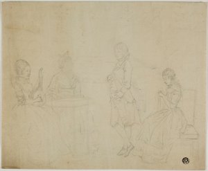 Skiss över familjegruppen med tre sittande kvinnor och stående ung man av Johann Friedrich August Tischbein
