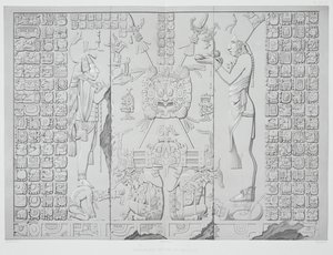 Relief föreställande en präst med offergåvor från Soltemplets helgedom, Palenque, plåtarna 29 och 30 från Mexikos antika monument, graverade av Werner, 1866