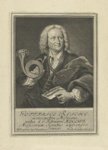 Porträtt av trumpetaren och kompositören Gottfried Reiche 1667-1734, 1727. av Johann Friedrich Rosbach