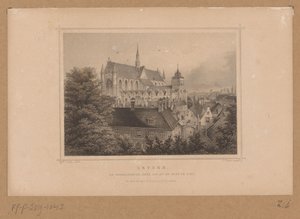 Utsikt över Hooglandse Kerk i Leiden Leyden, De Hooglandsche kerk, kan ses från burg (titel på objekt) av Johann Gabriel Friedrich Poppel