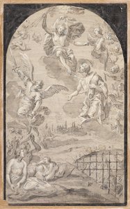 Helgon som går i förbön med Kristus för att inte kasta åskbulten över staden Augsburg av Johann Georg Melchior (1625 1705) Schmittner