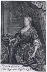 Anna Ivanovna var kejsarinna av Ryssland från 30 januari 1730 till 29 oktober 1740. - Porträtt av kejsarinna Anna Ioannovna (1693-1740) - Mentzel (Menzel), Johann Georg (1677-1743) - 1733 - Kopparstick - 32,3x2. 6 -Privat samling av Johann Georg Menzel