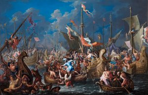 Anthony och Cleopatra i slaget vid Actium (olja på koppar)