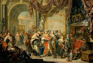 ""Cresus (596-546 avant JC) montre ses tresors a Solon (640-558 av. JC)"" - Croesus och Solon - Olja på koppar av Johann Georg Platzer (1704-1761) - Statens konstgalleri, Dresden av Johann Georg Platzer