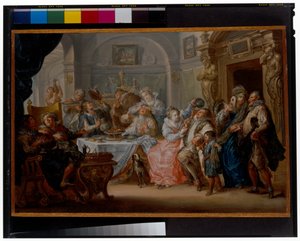 Interiör med eleganta figurer i maskeraddräkt fest av Johann Georg Platzer