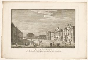 Utsikt över Bebelplatz i Berlin med Alte Bibliothek och det gamla palatset och Sint-Hedwigskathedraal Utsikt över Place de l