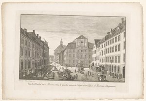 Vy över en fiskmarknad i Köln med Sint-Petruskerk Utsikt över fiskmarknaden i Kölns gamla stadsdel och Eglise St. Pierre, dans l