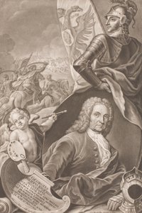 Byst av målaren Georg Philipp Rugendas med en stridsscen i bakgrunden