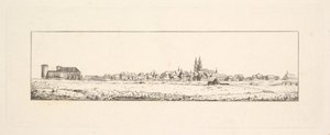 Utsikt över en gammal stad med en kyrka och höga gavelhus.n.d. av Johann Gottfried Schadow
