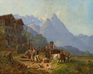 Heinrich Bürkel Bergsby med fontän ca 1845