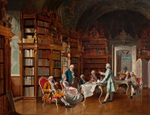 Biblioteksscen, sent 1800-tal (olja på panel)