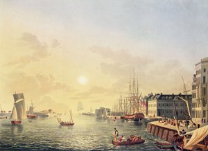 Utsikt över hamnen och hamnen i Le Havre, tidigt 1800-tal (färggravyr) av Johann Heinrich (after) Luttringshausen