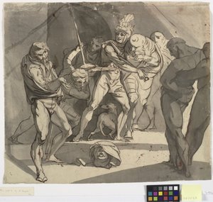 Richard Plantagenet kastar det avhuggna huvudet av hertigen av Somerset för sin fars fötter. Illustration till Shakespeares Henry VI, del 3, akt 1, rad 20