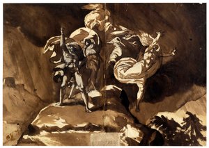 Häxorna flyter ovanför Macbeth och Banquo (Les sorcieres flottant au dessus de Macbeth et Banquo) - par Fussli (Fuseli), Johann Heinrich (1741-1825), - Penna, pensel, brunt indiskt bläck, vit färg, svart krita på papper, 46,5x66,2 - Privat samling