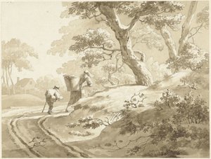 Landskap med en kvinna och en pojke på en landsväg av Johann Heinrich Keller (II) (possibly)