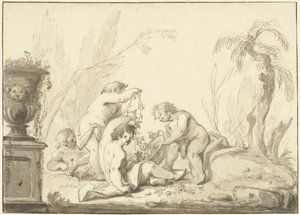 Allegorisk representation med barn med en korg med blommor av Johann Heinrich Keller (II)