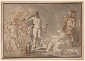 Odysseus, vid Hades portar, möter Tiresias och Anticleas skuggor