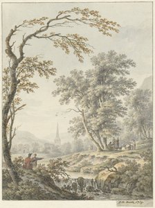 Landskap med vattenfall och en kyrka i fjärran