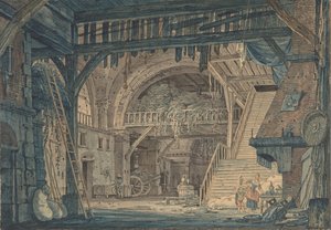 Scenografi av en antik romersk ruin som omvandlas till en lada, sent 1700-mitten av 1800-talet.