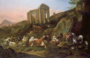 Gårdsdjur i ett klassiskt landskap, 1684 av Johann Heinrich Roos