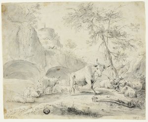 Landskap med herdsman och får, get, boskap av Johann Heinrich Roos