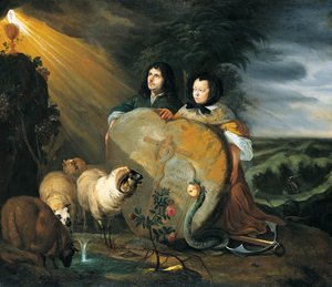 Självporträtt (?) med sin hustru och symboler för den kristna tron av Johann Heinrich Roos