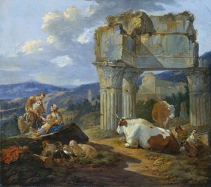 Herde­familj vid ruinerna av Vespasianus tempel av Johann Heinrich Roos
