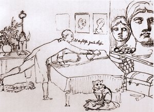 Johann Wolfgang Von Goethe i sitt hus på Via del Corso i Rom. Teckning av Johann Heinrich Wilhelm Tischbein (1751-1829) (även kallad Goethe-Tischbein eller Goethe Tischbein). sd. 1700-talet.