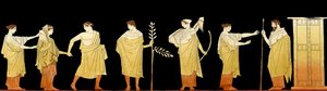 ung brud som leds till sin nya mans hem i en bröllopståg under Artemis och Apollons vakande öga, ca 1796 (kopparstick) av Johann Heinrich Wilhelm Tischbein