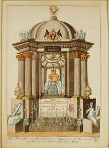 Begravningsmonument (Castrum Doloris) uppfört av medborgarna i Wien för requiemmässan för kejsaren (gravyr) av Johann Hieronymus Loeschenkohl