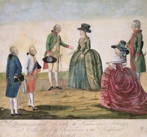 Möte mellan Josef II av Tyskland (1741-90) och kejsarinnan Katarina den stora (1729-96) i Koidak, 18 maj 1787 (färgad kopparstick)