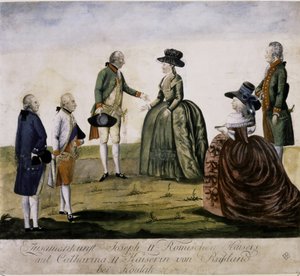 Möte mellan Katarina II och Josef II vid Dnepr på Ma... (färggravyr) av Johann Hieronymus Loeschenkohl