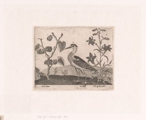 Serie av tryck med blommor och djur i ett landskap Landskap med häger och larksporre Landskap med djur, växter och blommor (serietitel)