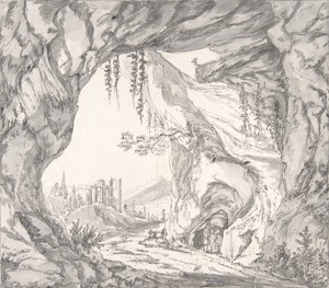 Bergigt landskap med ruiner av ett slott och tre män i en grotta... sent 1700-tidigt 1800-tal. av Johann Huber