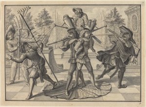 Harlequin och Scaramouche skapar en "fontän" av Johann Jacob Schubler