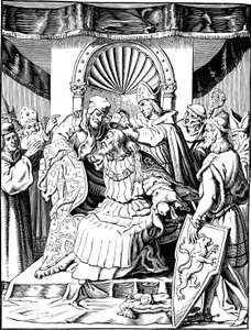 Abdikationen av kejsar Henrik IV i Ingelheim Illustration ur det tyska folkets historia av E. Duller, 1840