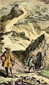 Paleontologi: Den schweiziska naturforskaren Johann Jakob Scheuchzer (1672-1733) upptäckte i de schweiziska bergen spåren av den universella syndafloden tack vare fossiler. Gravyr från "Museum Diluvianum""