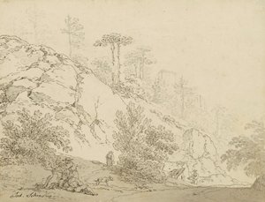 Bönder vilar i stenig terräng, bakgrund slott