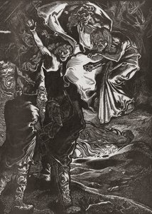 Macbeth och Banquo möter de tre häxorna, 1900-talet (gravyr) av Johann Joseph Aarts