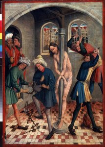 Kristi flagellation. Män som gör törnekronan medan andra piskar Jesus fäst vid kolonnen, med olika piskor. Målning av Johann Koerbecke (mellan 1415 och 1491), före 1457. Tempera på trä. tysk konst