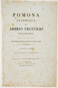 Titelsida från "Pomona Austriaca, eller Österrikes fruktträd", 1787-96 (tryck) av Johann Kraft