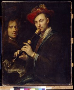 Flöjtist (flöjtist). Porträtt av en musiker och en skådespelare. Målning av Jan eller Johann Kupetzki (Kupecky, Kupezky, Kupetzky, Kupecki, Kopecki