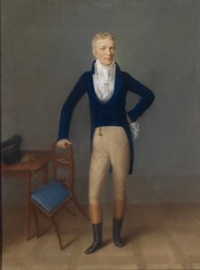 Hellängdsporträtt av en ljushårig gentleman i riddräkt, lutad på en stolsrygg av Johann Lorenz Kreul